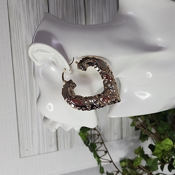 Statement Large Gold Filled Filigree Puff Heart Hoop Earrings Tricolor - Picture 5 of 6